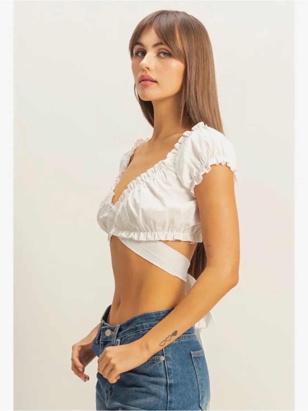 White Puff Sleeve Ruched Crop Top Wrap Tie Medium HYFVE NWT